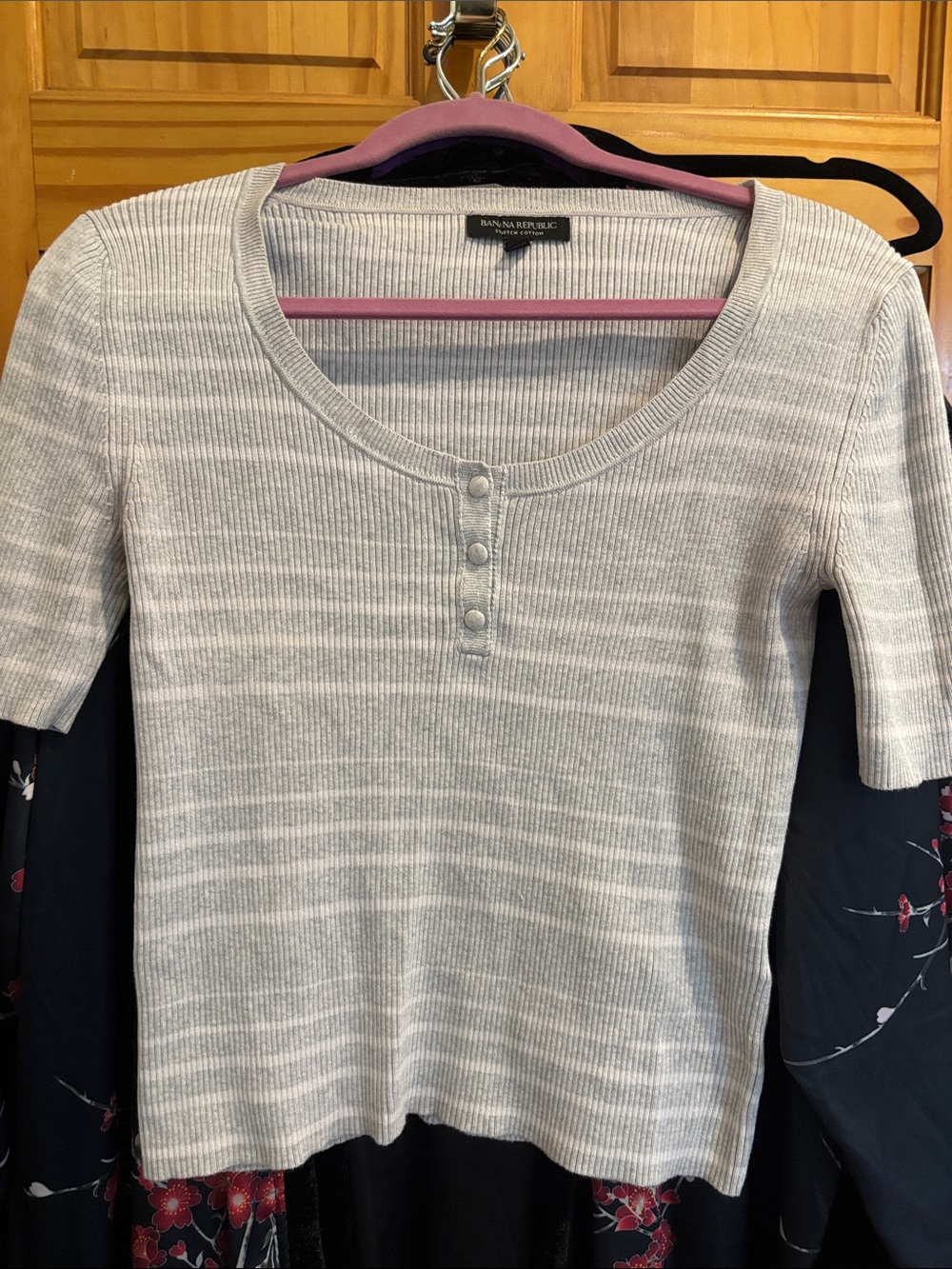 Banana Republic Light Gray Striped Ribbed Henley Short Sleeve Tee